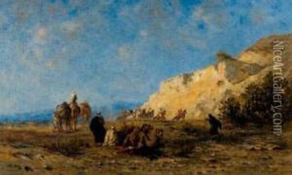 Cavaliers Et Chameliers Dans Le Desert Oil Painting - Narcisse Berchere