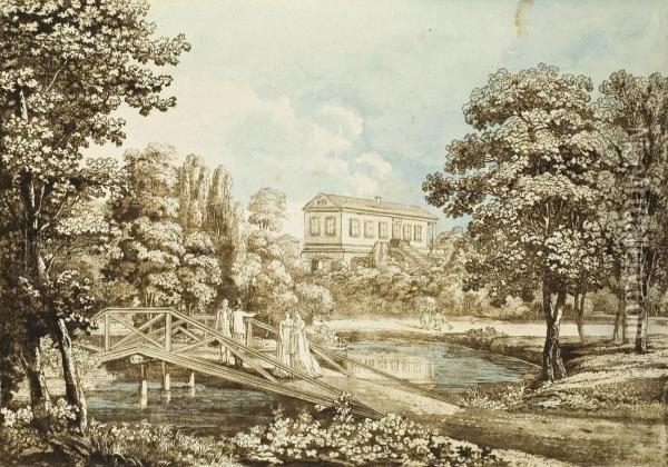 Ansicht Des Romischen Hauses Von Der Wiesenbrucke Oil Painting - Georg Melchior Kraus