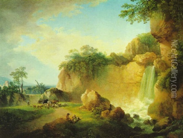 Gebirgige Landschaft Mit Einem Wasserfall Und Hirten Oil Painting - Christian Wilhelm Ernst Dietrich