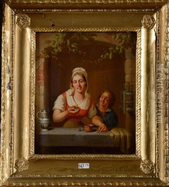 Jeune Femme Et Jeune Garcon Jouant A La Fenetre Avec Un Nid Oil Painting - Joseph Van Severdonck