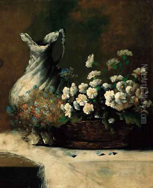 A basket of summer flowers and a waterjug on a table Oil Painting - Theodule Augustine Ribot