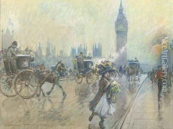 A busy Westminster bridge, London Oil Painting - Georges Stein