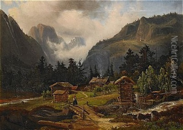 Bergslandskap Med Timmerhus Oil Painting - Magnus Thulstrup Bagge