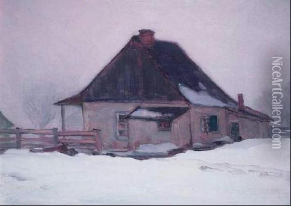 Maison Dans Le Brouillard, Baie St. Paul, 1915 Oil On Panel Oil Painting - Clarence Alphonse Gagnon