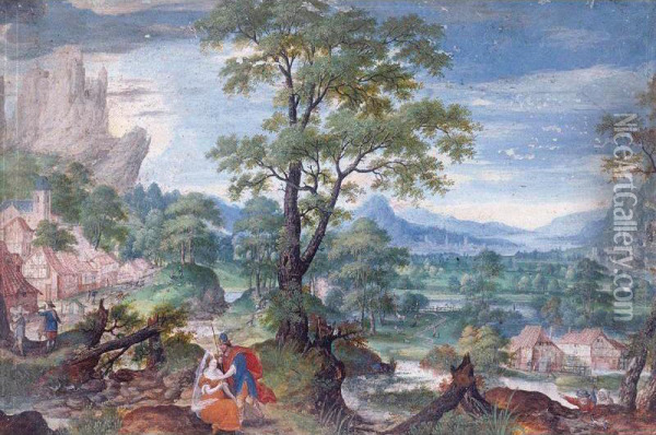 An Extensive Wooded Valley With Judah And Tamar In The Foreground Oil Painting - Frans Boels