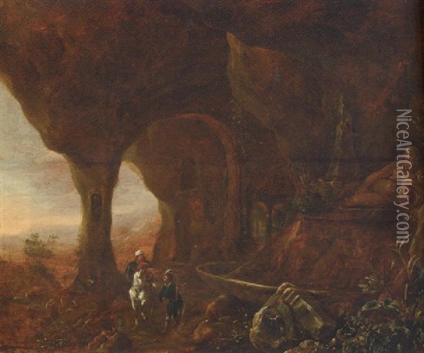 A Grotto With An Oriental Traveller And A Huntsman By A Fountain Surmounted By A River God, A Landscape Beyond Oil Painting - Abraham van Cuylenborch