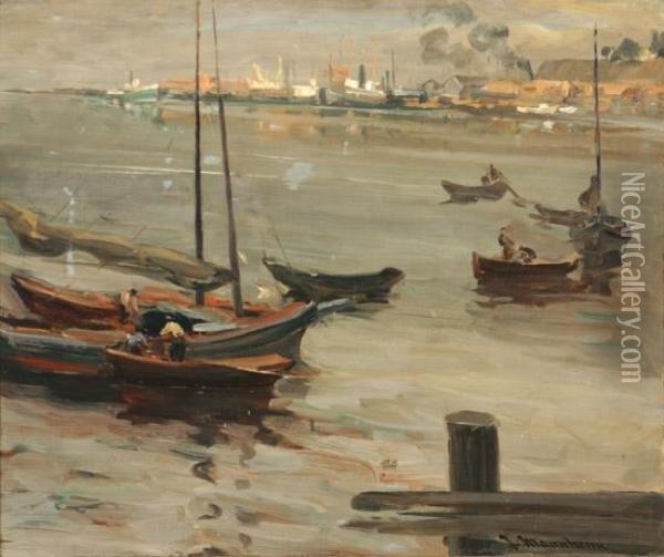Fishingboats In A Harbor Oil Painting - Jean Mannheim