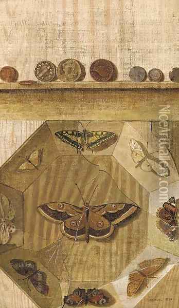 A trompe l'oeil of a butterfly display and coins on a ledge Oil Painting - Gabriel-Germain Joncherie