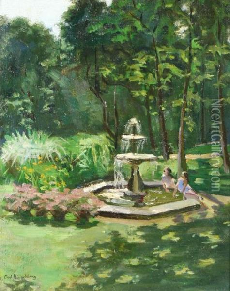 Two Young Girls At A Parkfountain Oil Painting - Carl Hirshberg