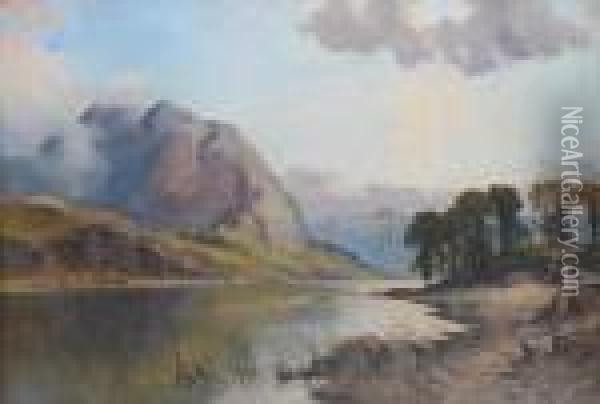 Lake Landscape With Cattle On A Track,possibly The Lake District Oil Painting - John Syer