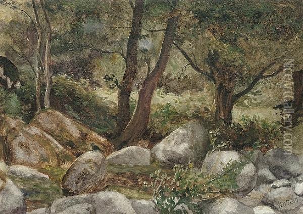A Wooded Hillside Oil Painting - William Bell Scott