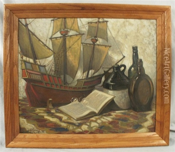 Still Life With Model Boat And Bottles Oil Painting - Harold W. Cheney