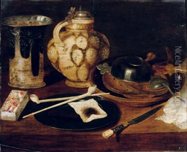 A Deck Of Cards, A Pewter Plate With Pipes And Tobacco, An Earthenware Beaker And Jug, A Knife And An Earthenware Bowl Oil Painting - Georg Flegel
