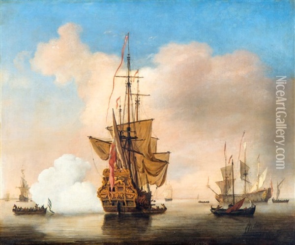 A Small English Merchant Ship At Anchor Firing A Gun Oil Painting - Willem van de Velde the Younger