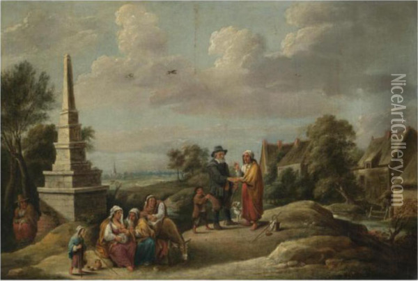 A Landscape With A Gypsy Telling A Man's Fortune In The Foreground Oil Painting - David The Younger Teniers
