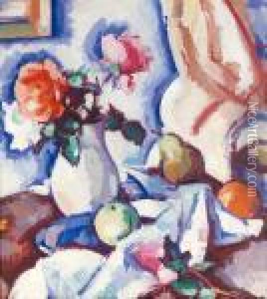Roses In A White Vase With Fruit Oil Painting - Samuel John Peploe