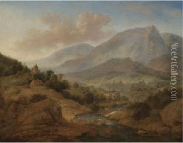 An Extensive Rhenish River 
Landscape, With Figures Unloading Cargo Boats In The Foreground Oil Painting - Jan Griffier I