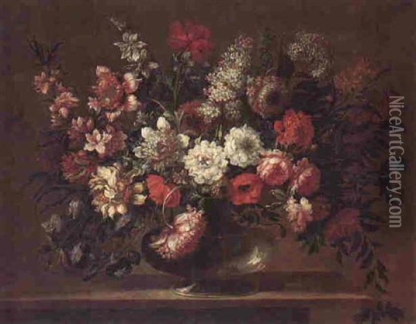 Still Life Of Flowers In A Glass Vase On A Stone Ledge Oil Painting - Pieter Hardime