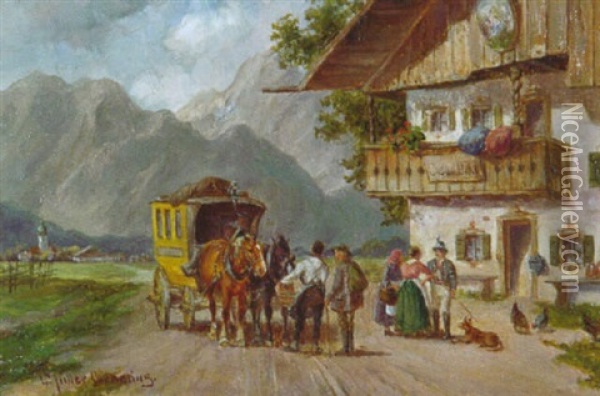 Halt Der Postkutsche Vor Dem Oberbayerischen Bauernhaus Oil Painting - Ludwig Mueller-Cornelius