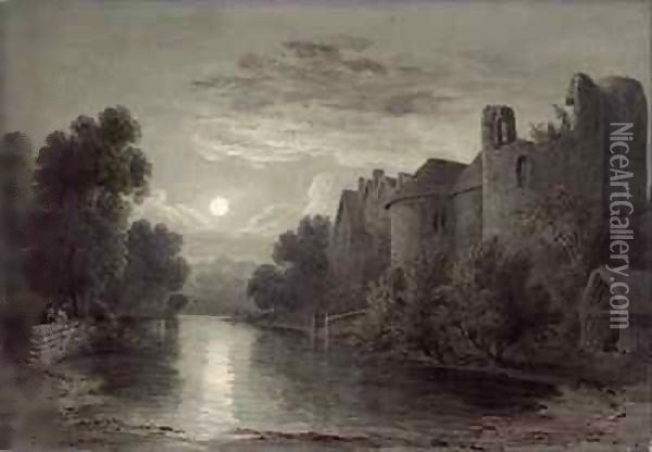 Allington Castle, near Maidstone, Kent, Moonlight Oil Painting - James Bayes