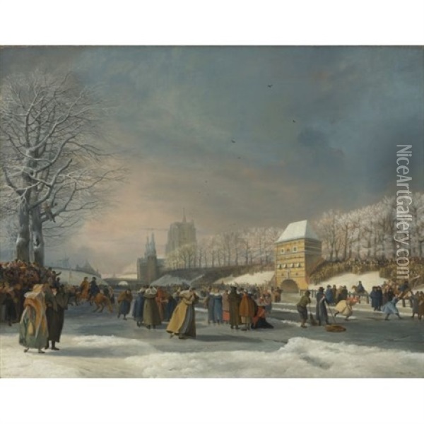 The Women's Speed Skating Contest On The Stadsgracht, Leeuwarden, 21 January 1809 Oil Painting - Nicolas Baur