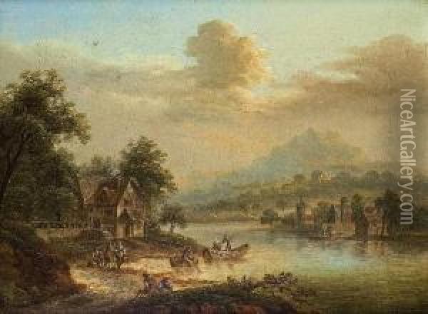 Flusslandschaft Mit Fischerbooten Oil Painting - Johann Georg Schutz