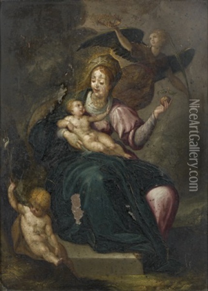 Vierge A L'enfant Couronnee Par Un Ange Avec Saint Jean-baptiste Enfant Oil Painting - Hans Rottenhammer the Elder
