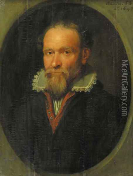 Portrait of a bearded gentleman, half length, wearing a red-lined black jacket and lace chemise, in a feigned stone oval window Oil Painting - Jacques de Gheyn