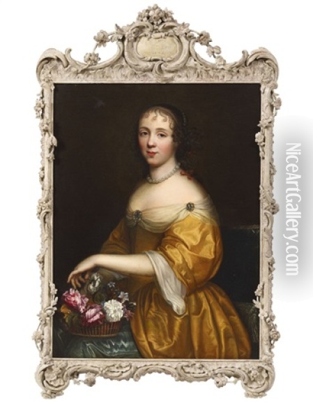 Portrait Of A Lady With A Basket Of Flowers Oil Painting - Pierre Mignard the Elder