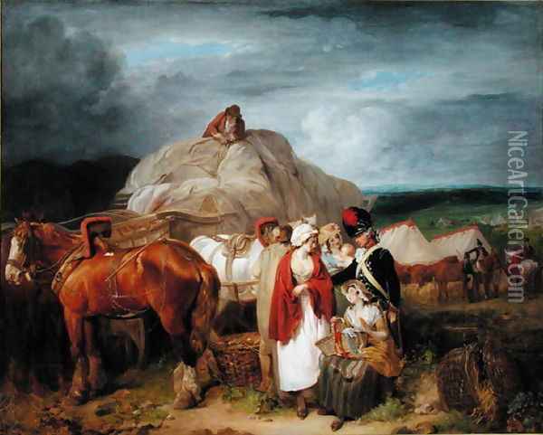 Soldier with Country Women Selling Ribbons near a Military Camp, 1788 Oil Painting - Francis Wheatley