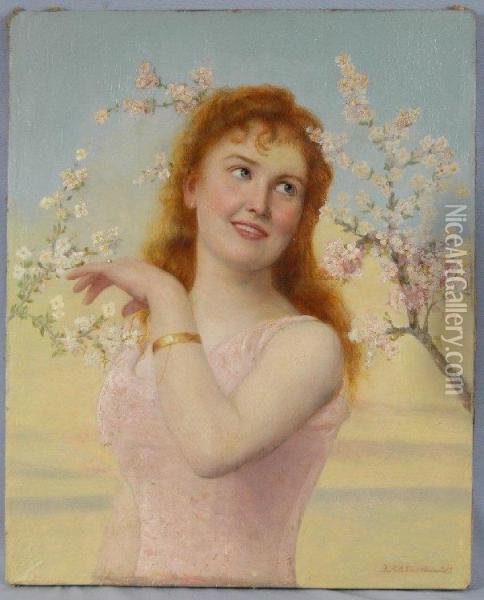 Junge Frau Zwischen Kirschbluten Oil Painting - Johannes Kleinschmidt