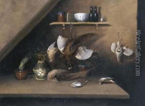 Still Life With Dead Game And Bottles And Jars On Shelf Oil Painting - William Buelow Gould