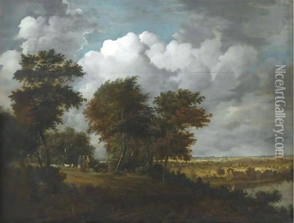 An Extensive Landscape With Figures And Sheep On A Path Through Woodland To The Left Oil Painting - Philips Koninck