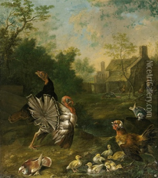 Parklandschaft Mit Einem Truthahnpaar, Mit Tauben, Glucke Und Kuken Sowie Pfauen Oil Painting - Johann Georg de Hamilton