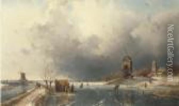 Skaters In A Winter Landscape Oil Painting - Charles Henri Leickert