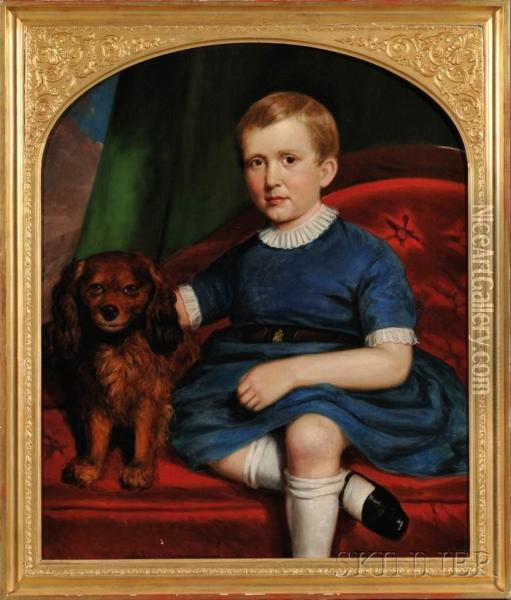Portrait Of A Boy In Blue Seated Beside His Dog On A Redupholstered Sofa Oil Painting - Joseph Greenleaf Cole