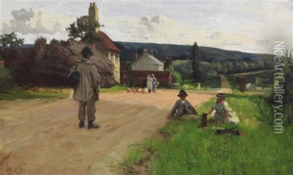 Figures On The Roadside Oil Painting - John Robertson Reid