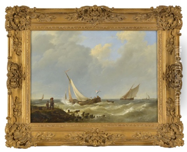 Barques De Peche, Mer Formee Oil Painting - Johannes Hermanus Koekkoek