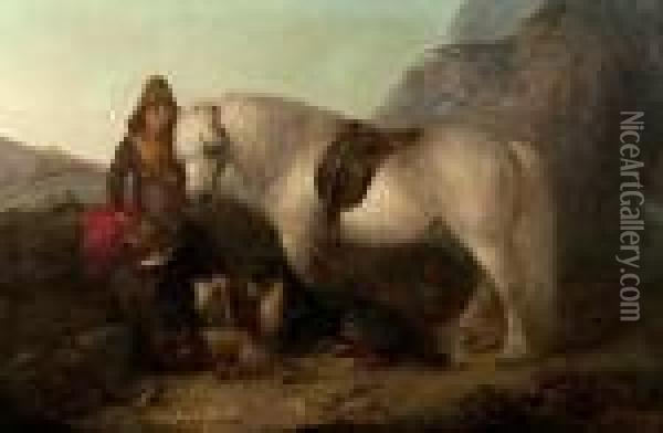 Girl And Boy With A Grey Pony And A Dog In An Upland Landscape Oil Painting - Edward Robert Smythe