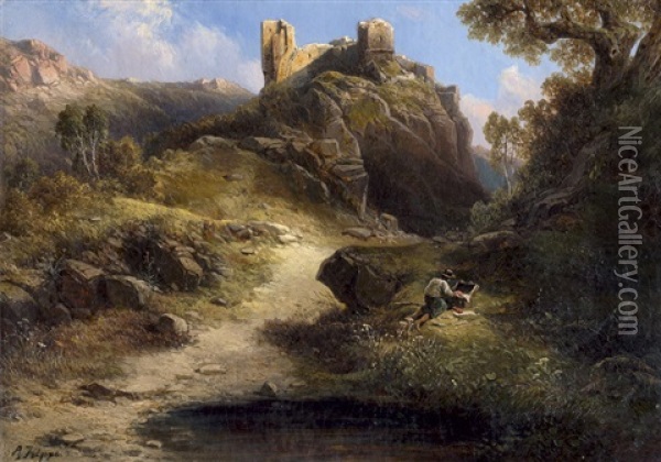 Romantische Felsenlandschaft Mit Burgruine Oil Painting - Albert Ludwig Trippel