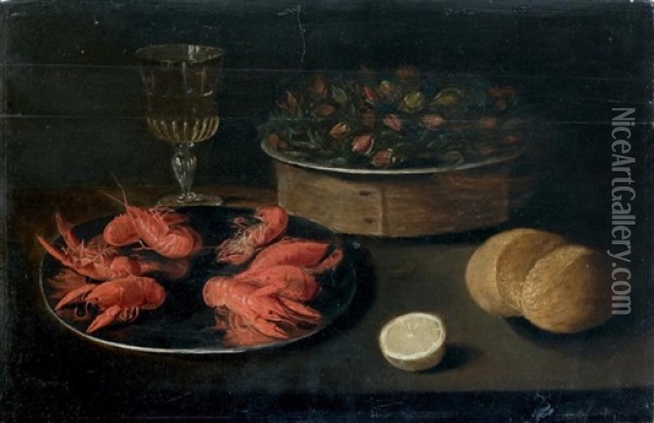 Nature Morte Avec Ecrevisses, Noisettes, Pain, Vin Et Citron Oil Painting - Jacob Fopsen van Es