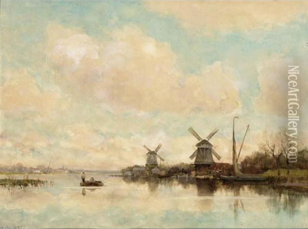 A River Scene With Windmills Oil Painting - Fredericus Jacobus Van Rossum Du Chattel