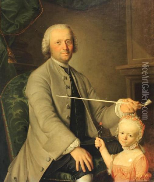 Portrait Of Father And Daughter With Pipe And Rattle Oil Painting - Sigmund Barth