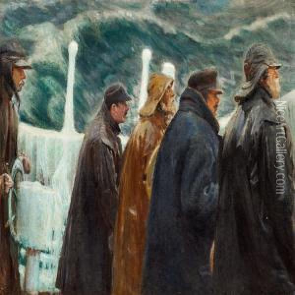Five Sailors Standingon A Boat In Stormy Weather Oil Painting - Michael Ancher