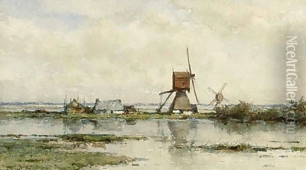 Windmills In A Polder Landscape Oil Painting - Willem Roelofs