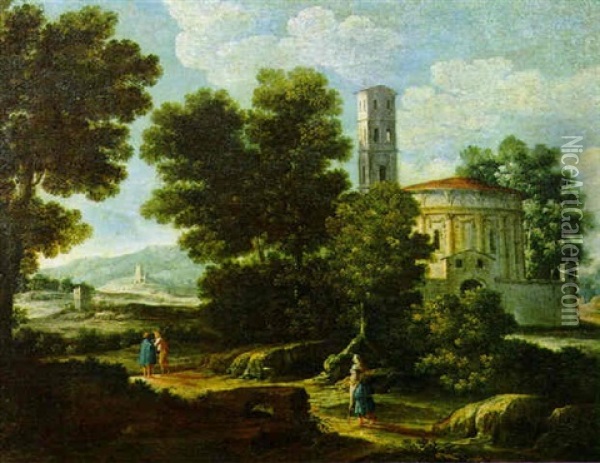 Paesaggio Con Chiesa E Popolani Oil Painting - Giovanni Battista Cimaroli