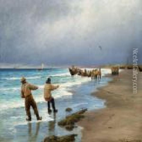 Fishermen On Skagen Beach Oil Painting - Carl Locher