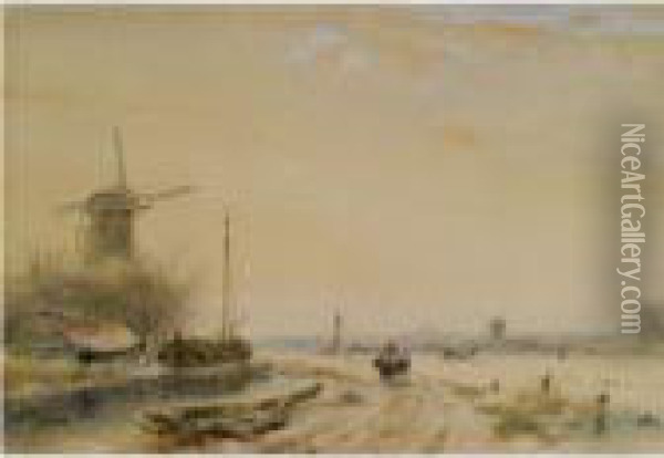 A Winter Landscape With A Windmill, Moored Boats And Figures On Asnow Covered Path Oil Painting - Andreas Schelfhout
