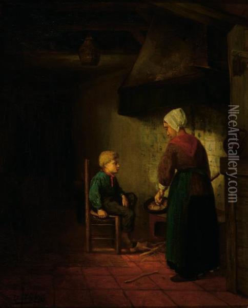 Mother And Child In A Farm Interior Oil Painting - David De La Mar
