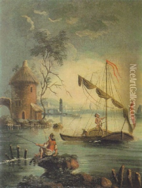 Paysage Lacustre Avec Pecheurs En Barque Oil Painting - Nicolas-Jacques Juliard